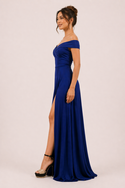 Crimson Elegance Off-Shoulder Slit Gown