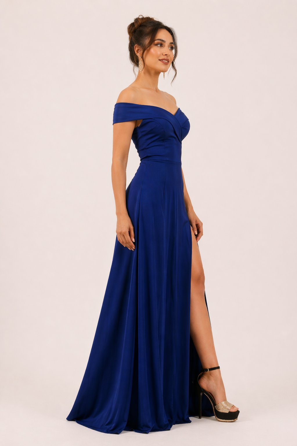Crimson Elegance Off-Shoulder Slit Gown