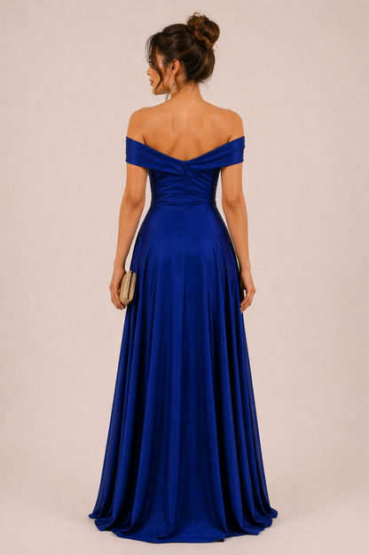 Crimson Elegance Off-Shoulder Slit Gown