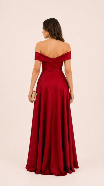 Crimson Elegance Off-Shoulder Slit Gown