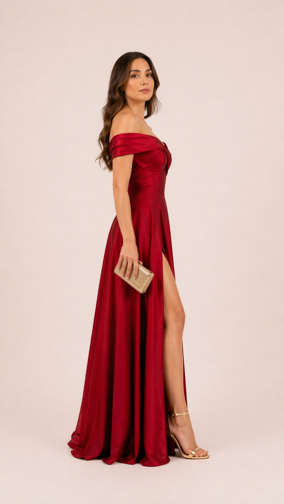 Crimson Elegance Off-Shoulder Slit Gown