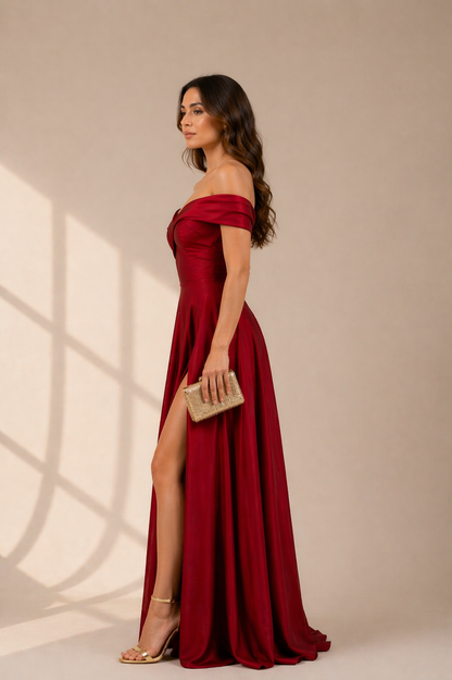 Crimson Elegance Off-Shoulder Slit Gown