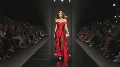 Crimson Elegance Off-Shoulder Slit Gown