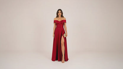 Crimson Elegance Off-Shoulder Slit Gown